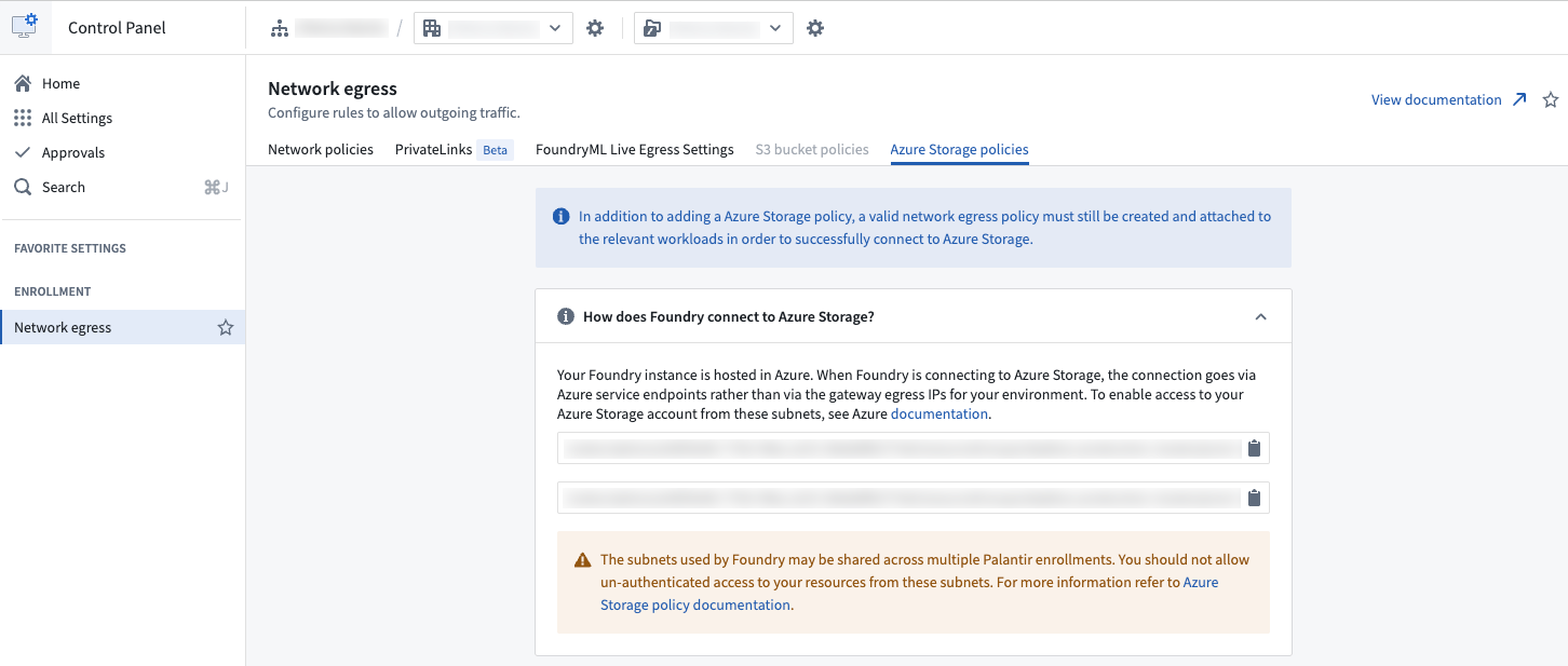 The Control Panel configuration page for Azure Storage policies.