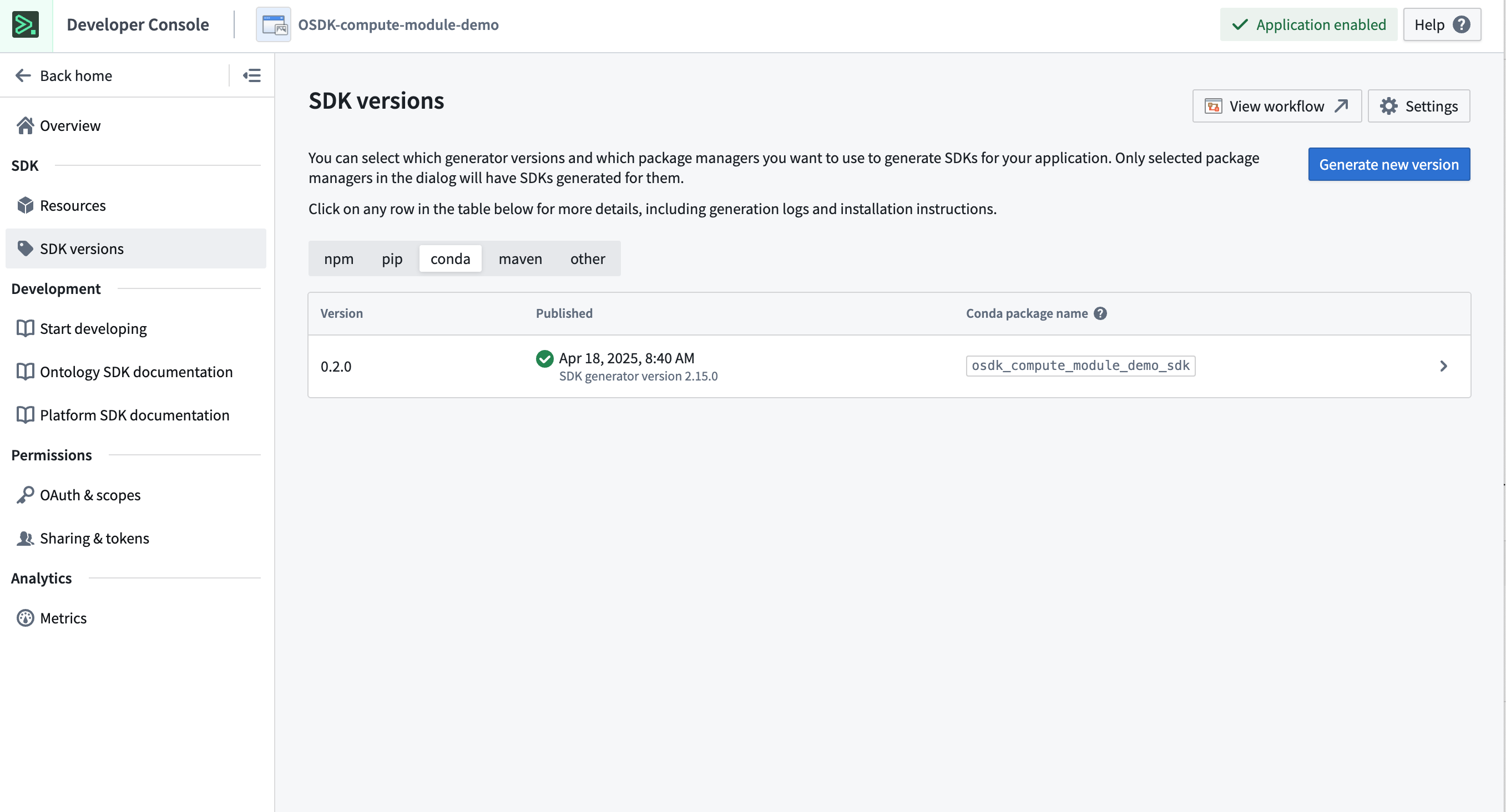 The Conda SDK generated in Developer Console for Python compute modules.