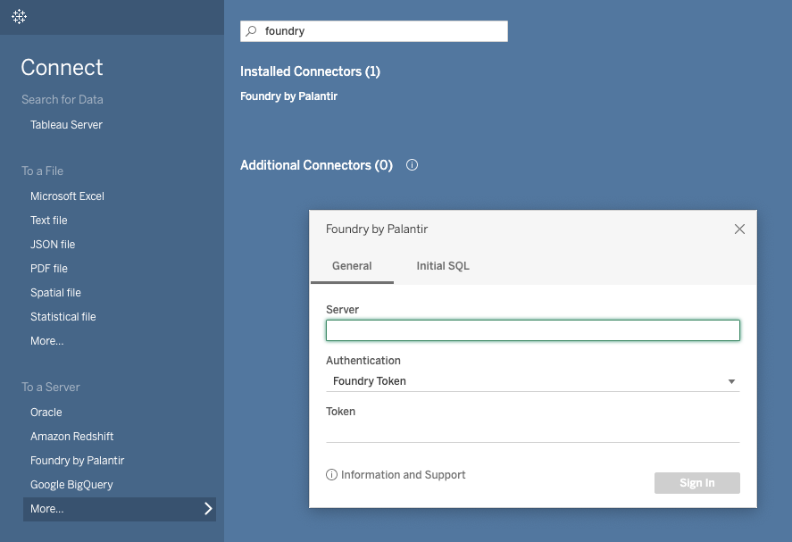 New Palantir Foundry connection in Tableau
