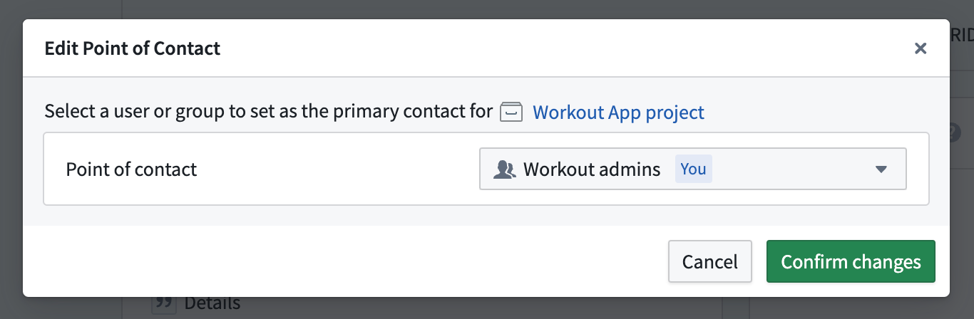 The Edit Point of Contact dialog in Ontology Manager indicating the set point of contact group will also be the primary contact for the notional Workout App project.