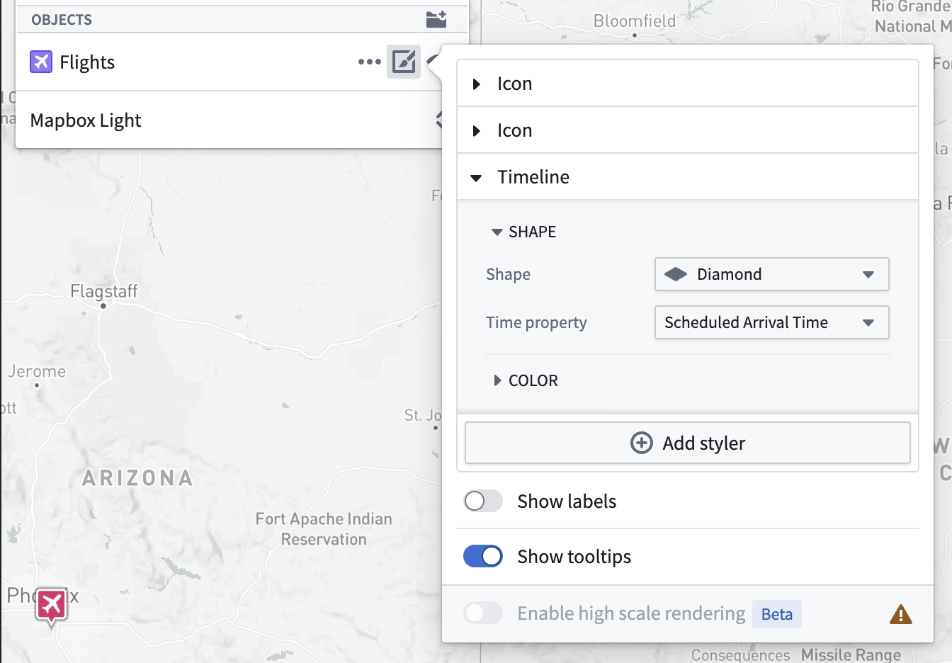 The Timeline style configuration section for the Flights object. The shape is set to Diamond, and there is an option to select a time property.