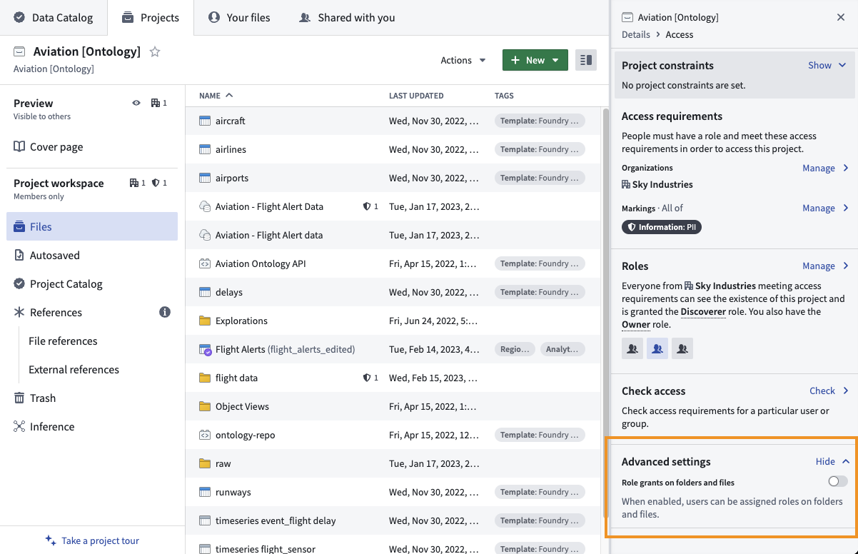 Enabling or disabling role grants on folders and files