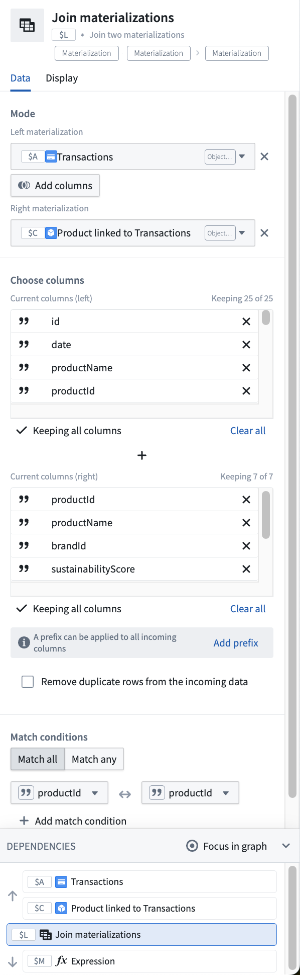 Configuration panel for Join datasets