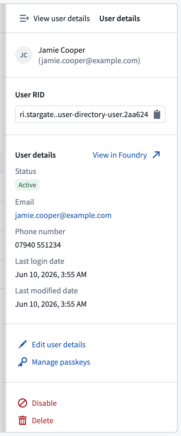 The User details pane with the Manage passkeys option.