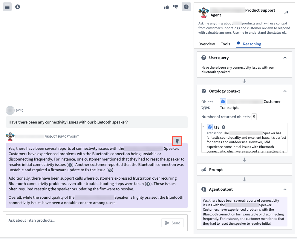 The Reasoning tab outlines agent logic and is accessible through the right side panel or the response's light bulb icon.
