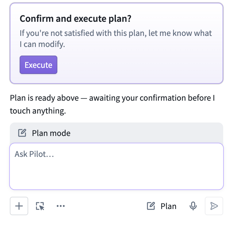 The chat panel shows Plan mode and the Execute control for a proposed plan.