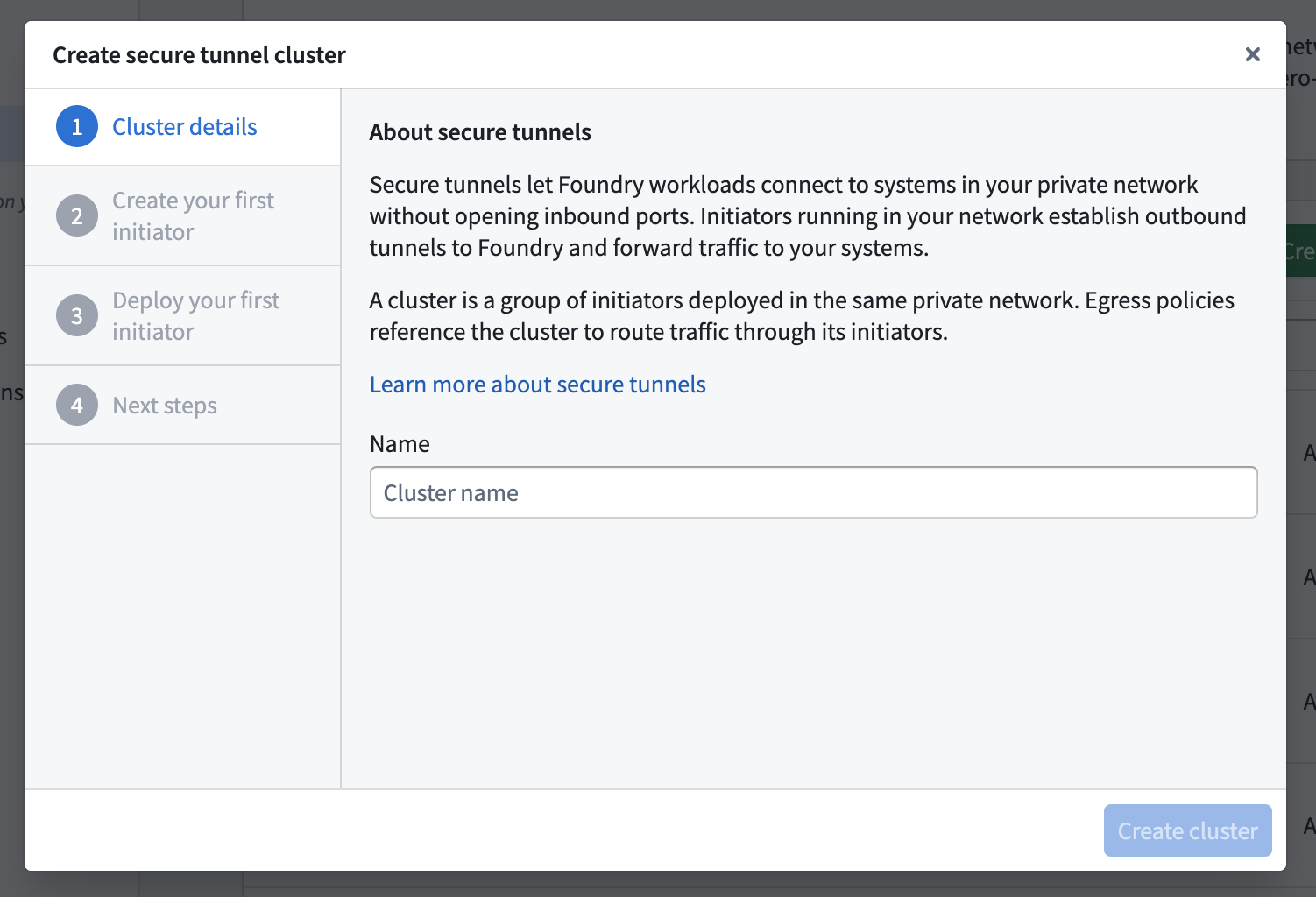 The Cluster details step of the creation dialog shows the cluster name field.