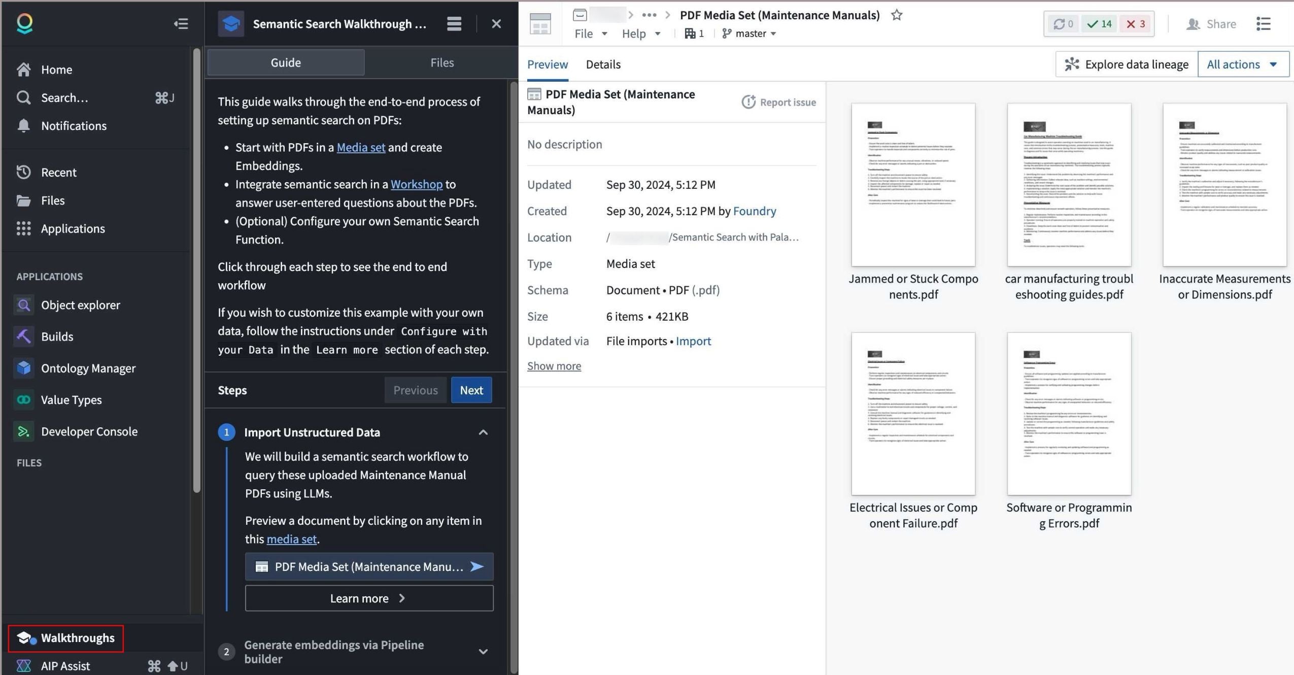 The Walkthroughs option in the workspace side panel visible when viewing a media set and the associated tutorial on semantic search for PDFs.
