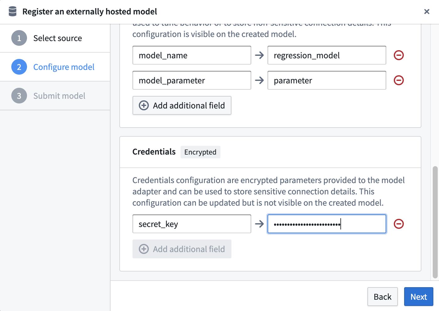 Define model credentials for an externally hosted model in Palantir Foundry
