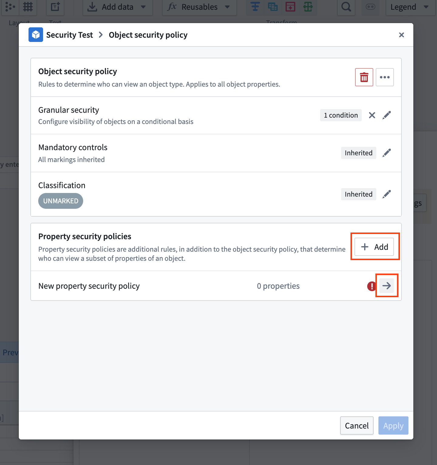 Screenshot how to add property security policies.