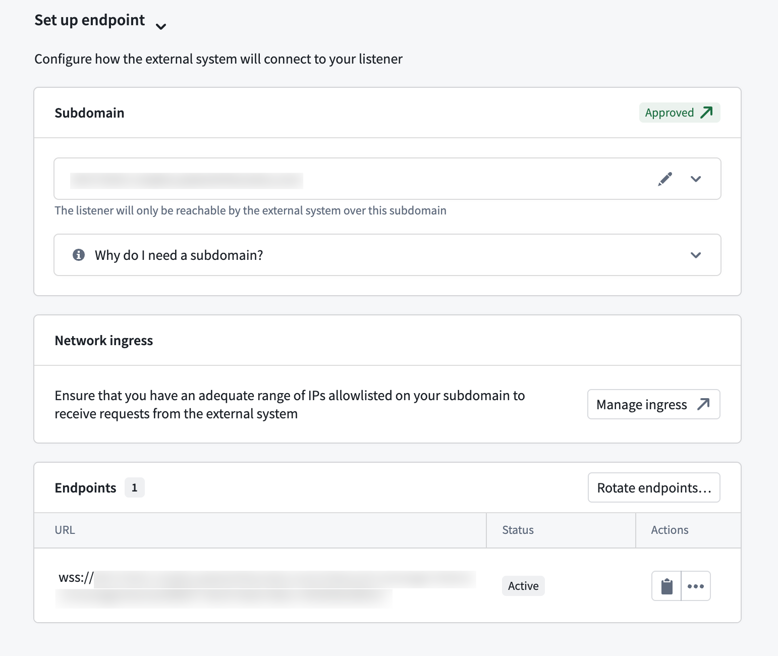 The endpoint configuration section of the WebSocket listener setup page.