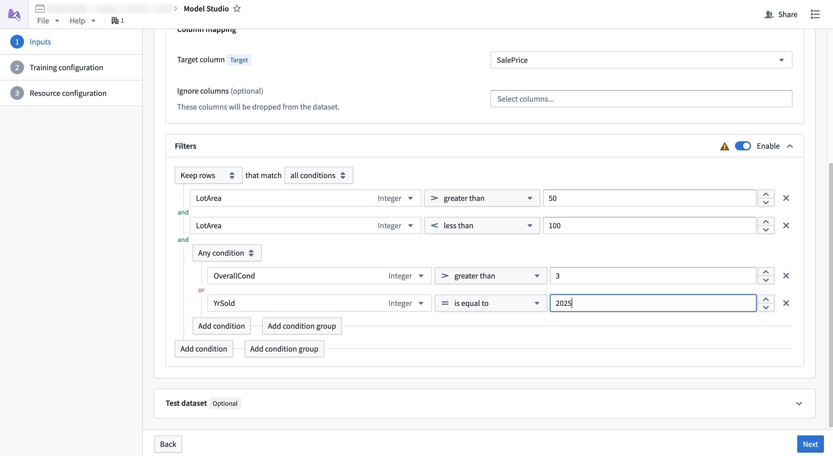 Dataset configuration page filters in Model Studio.