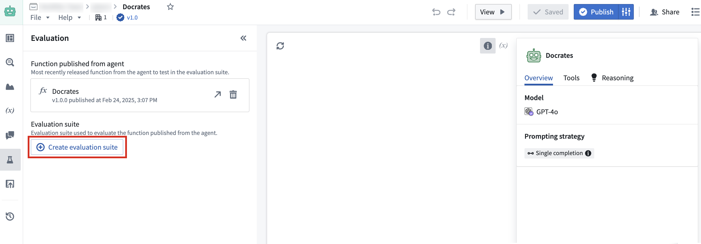 The Create evaluation suite option in AIP Agent Studio.
