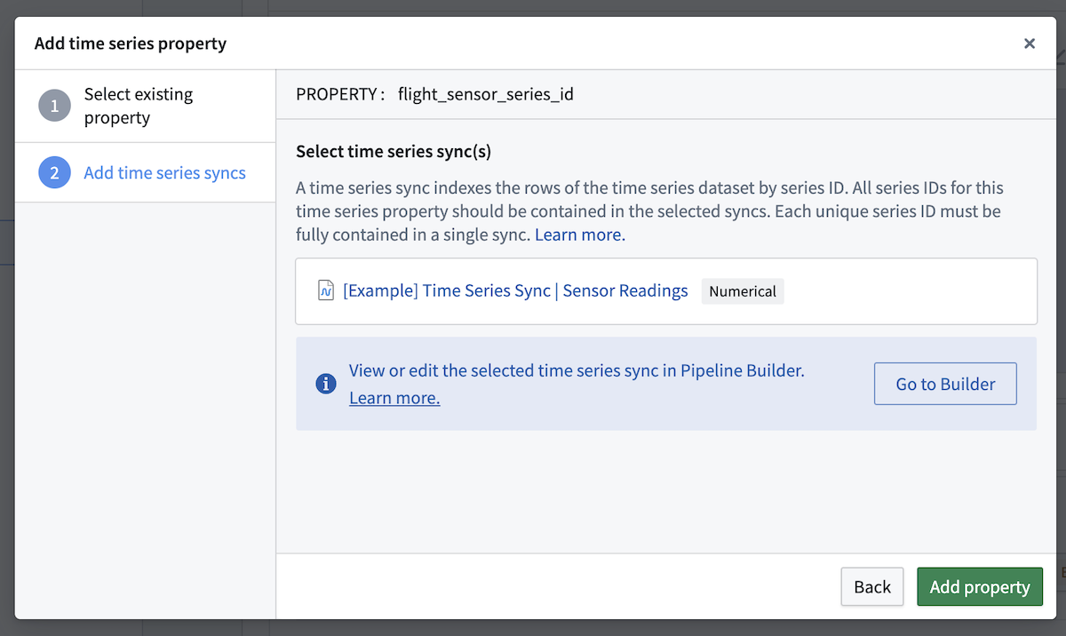 Select the time series sync to add properties to the sensor object type