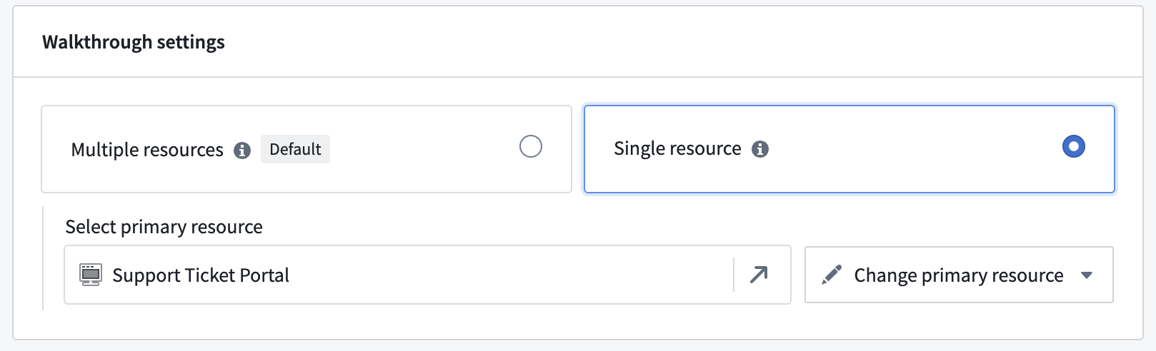 The option to create a single resource walkthrough, using a Support Ticket Portal resource.