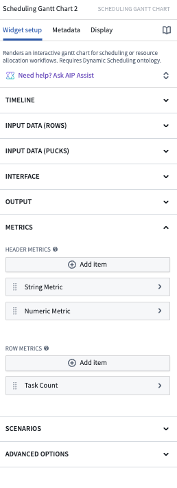 Metrics section in the Scheduling Gantt Chart config panel.