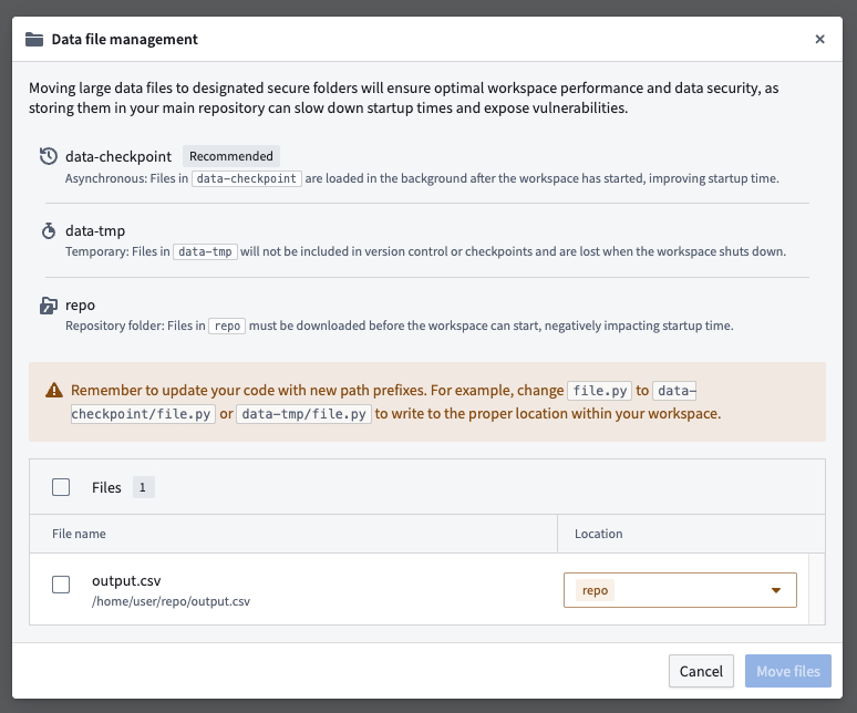 The Data file management dialog is displayed, offering instructions on the file relocation process.