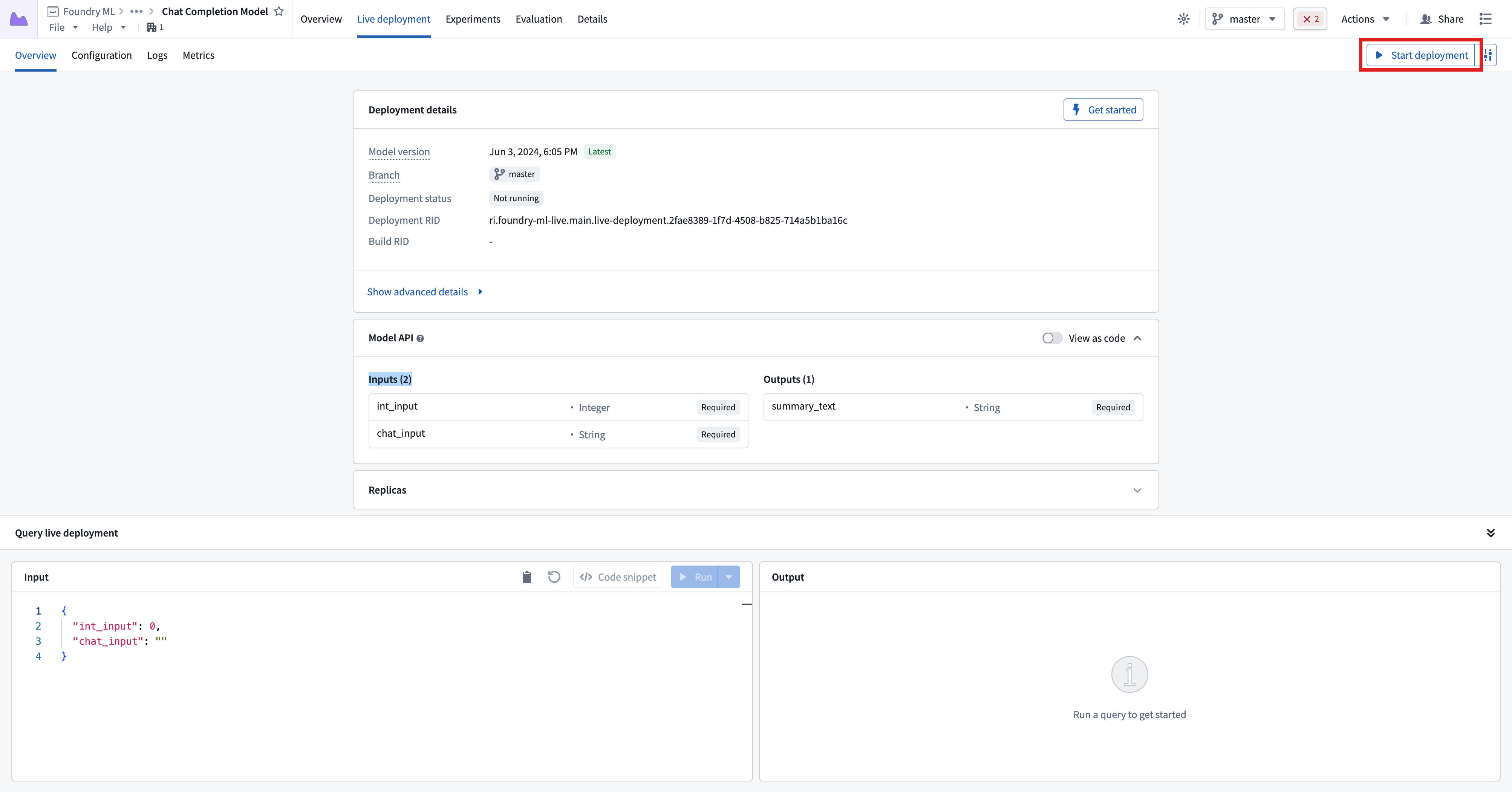 Create a new direct model deployment in a model.