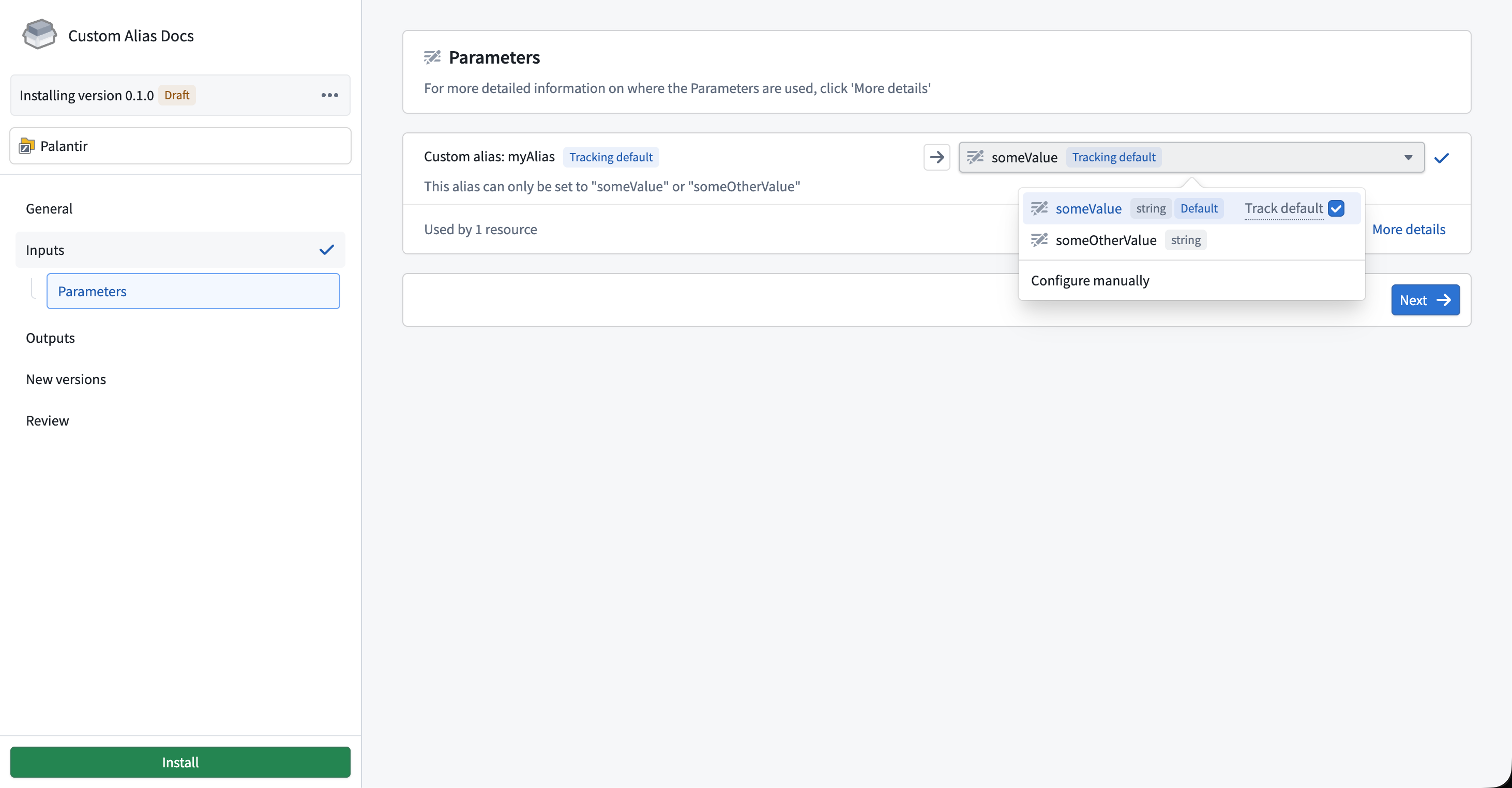 The installation view showing the custom alias parameter with its description and preset value options.