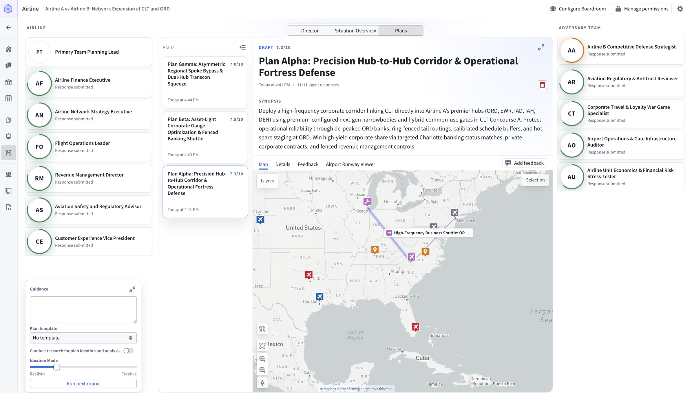 A planning session in a boardroom compares primary and adversary agent teams while displaying a proposed plan on a map.