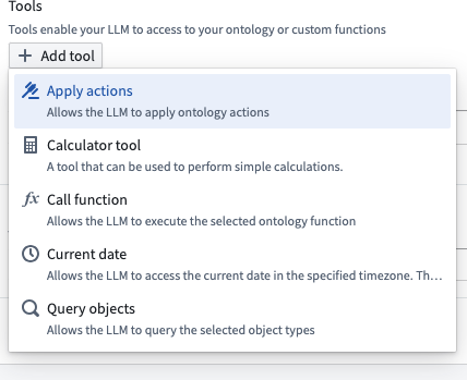 AIP Logic tools available for selection: Apply actions, Call function, Query objects, Calculator tool.