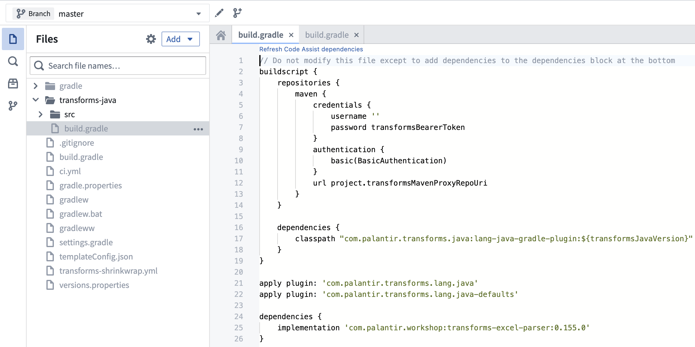 Code snippet for transforms-excel-parser gradle dependency.