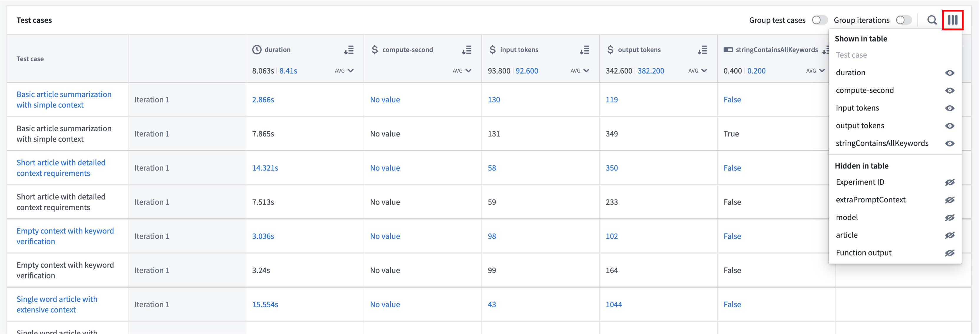 Hide and show columns in test cases table.