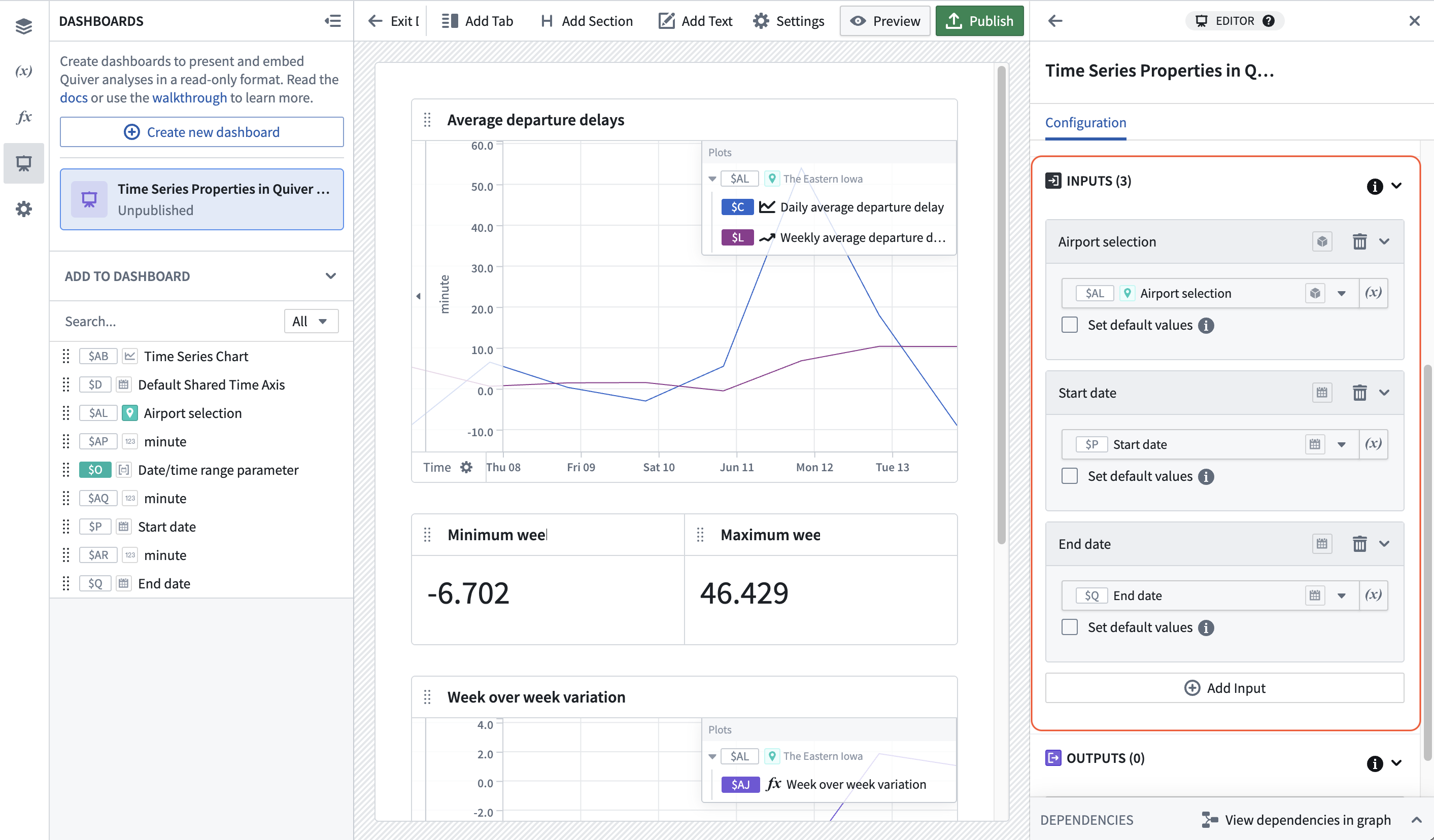 Quiver dashboard inputs.