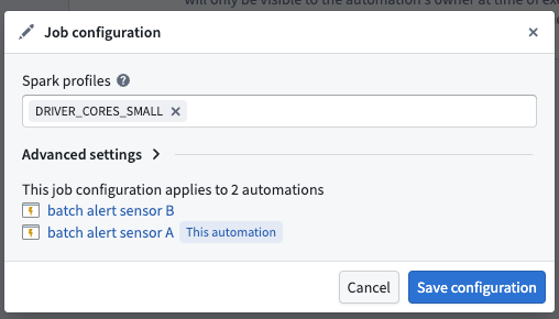 The Job Configuration dialog showing Spark profile options for batch alerting.