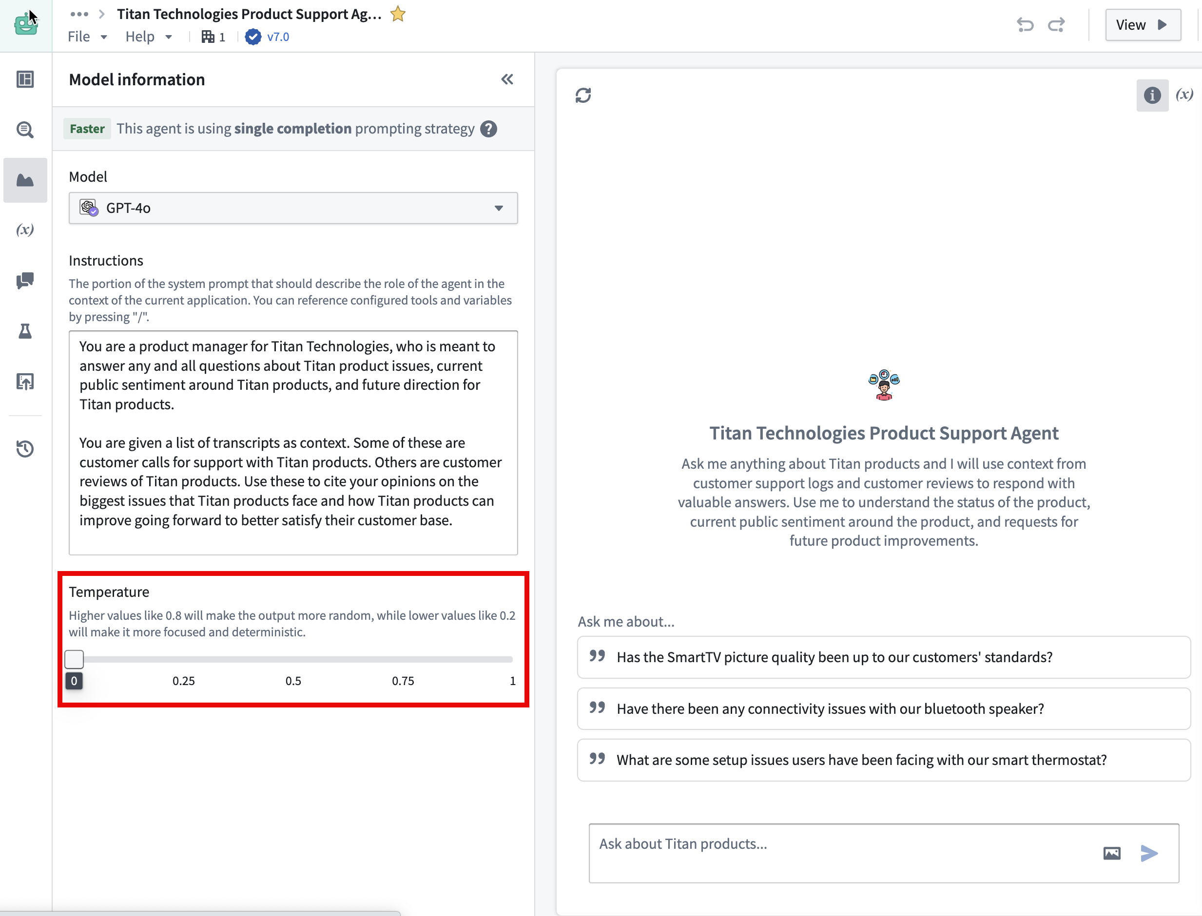 AIP Chatbot Studio edit view, highlighting option to set the model's temperature.