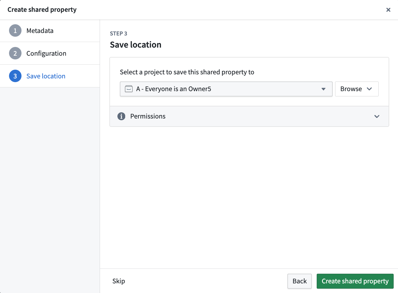 Select save location for the shared property.