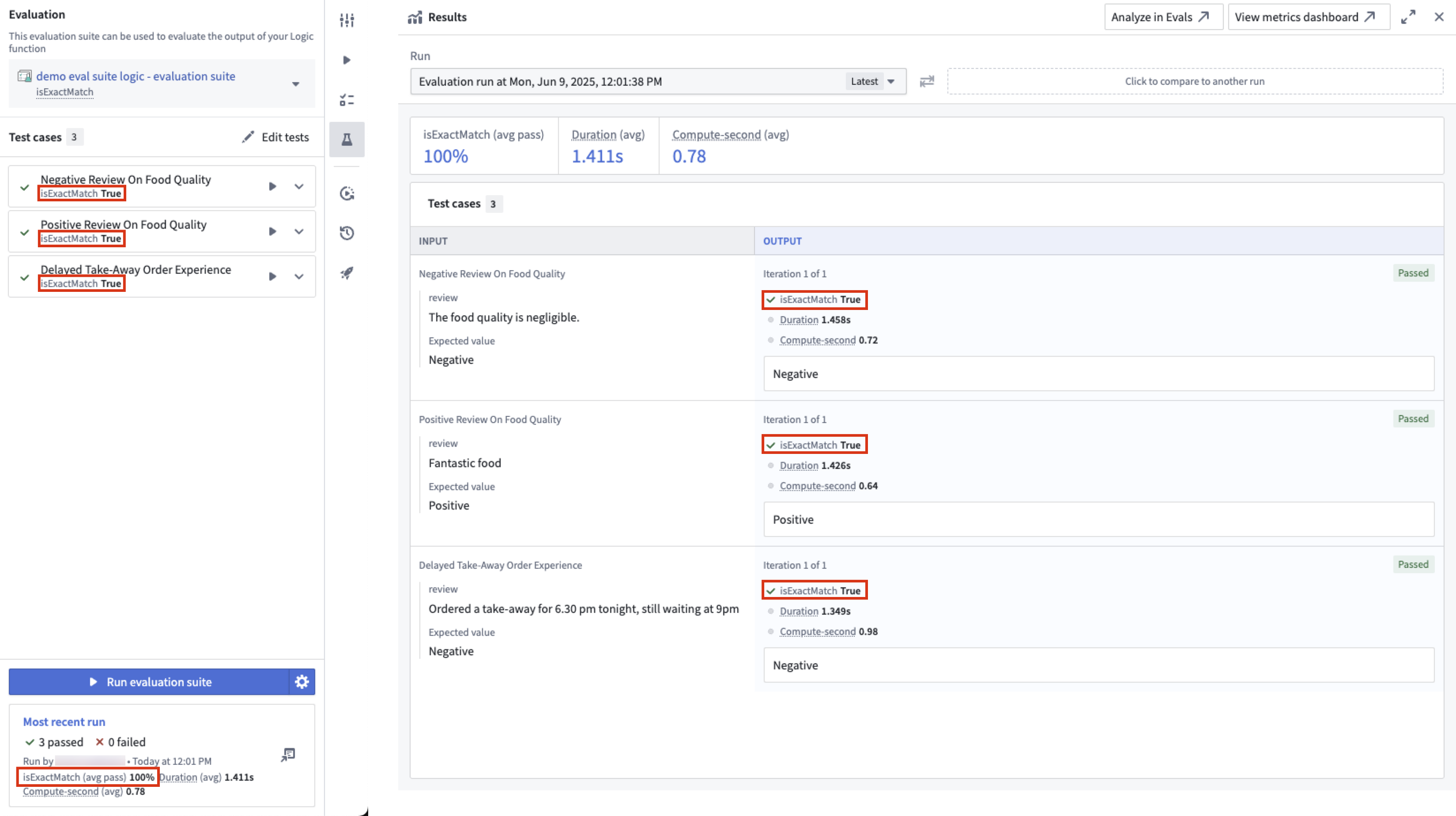 Review results with string match evaluator.