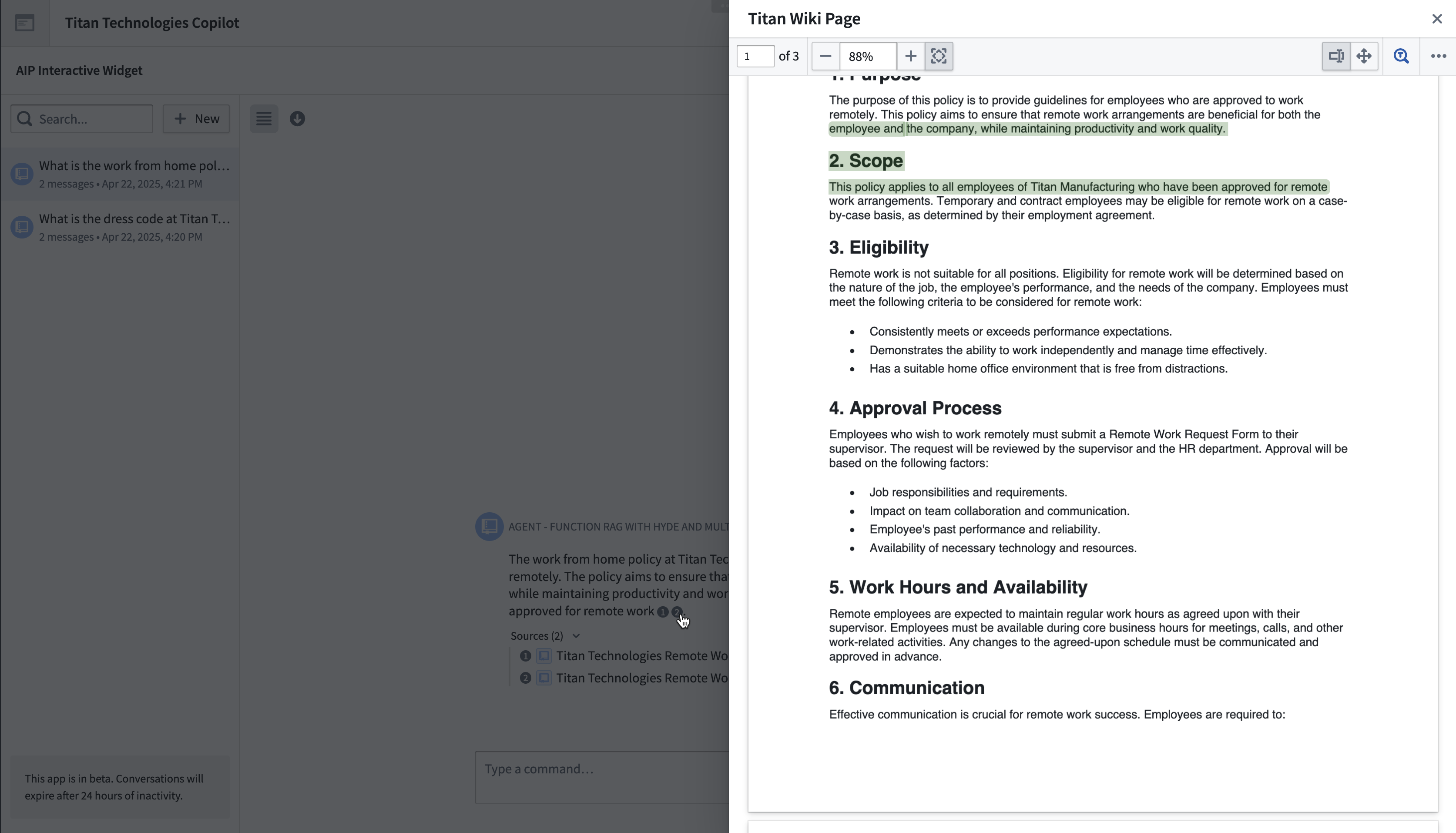 A screenshot of the AIP Chatbot widget with a pop-up overlay configured on citation selection.