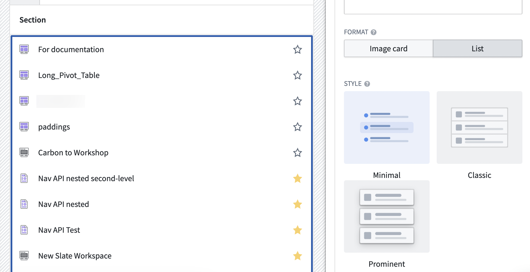 The configuration for minimal display style for list format