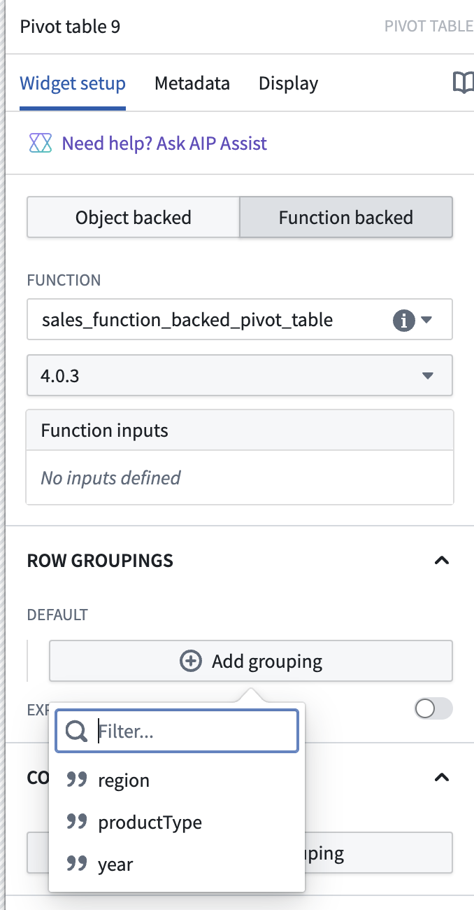 Function-backed grouping configuration options.