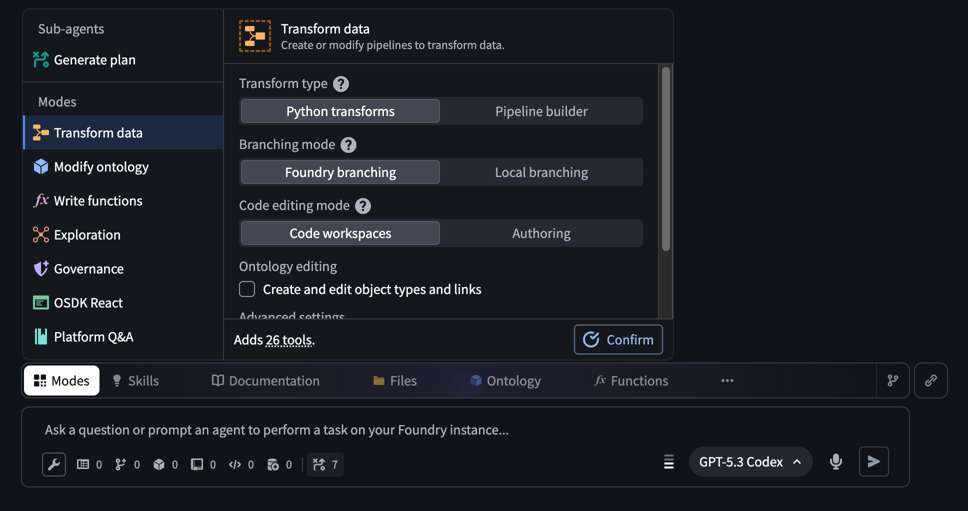 The AI FDE Mode selector above the input field with additional configuration options.