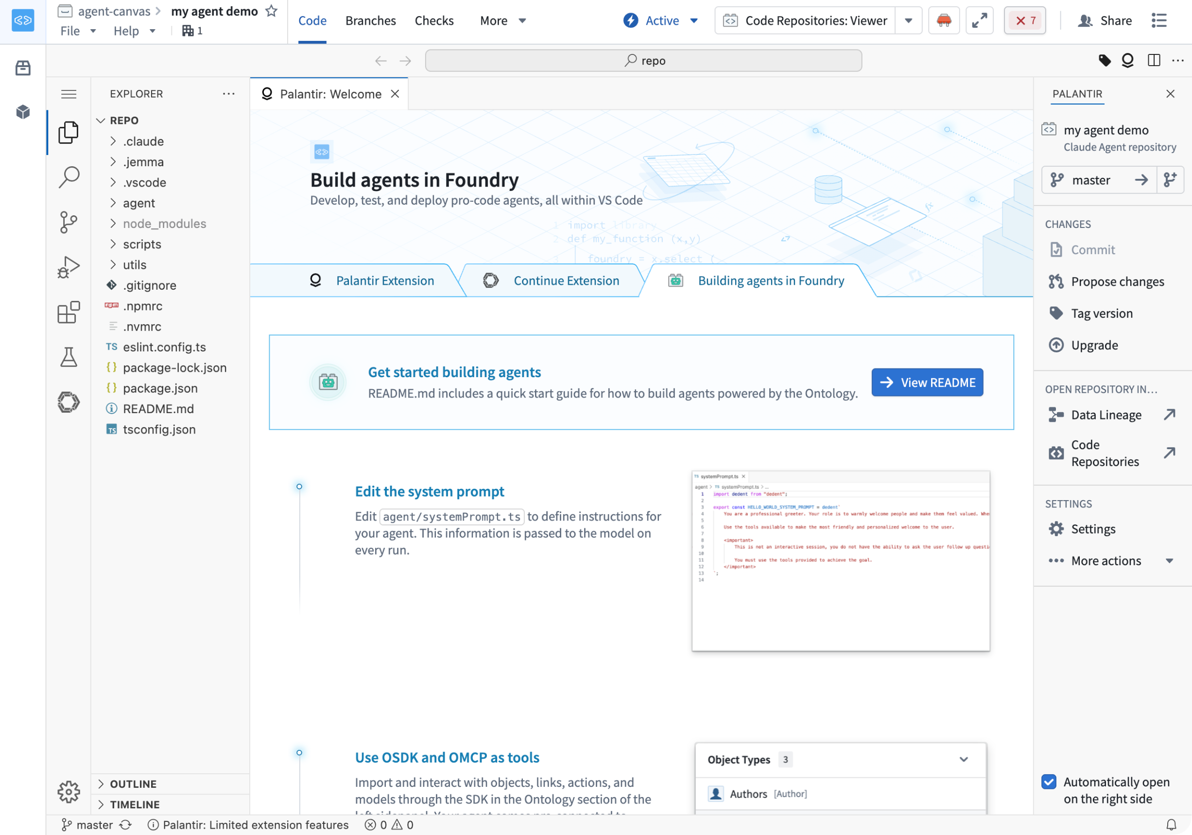 The landing page of an agent template code repository, with links to start building your pro-code agent.