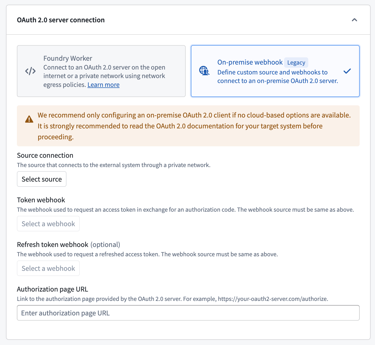 A view in Control Panel of the configuration options available for on-premise outbound applications.