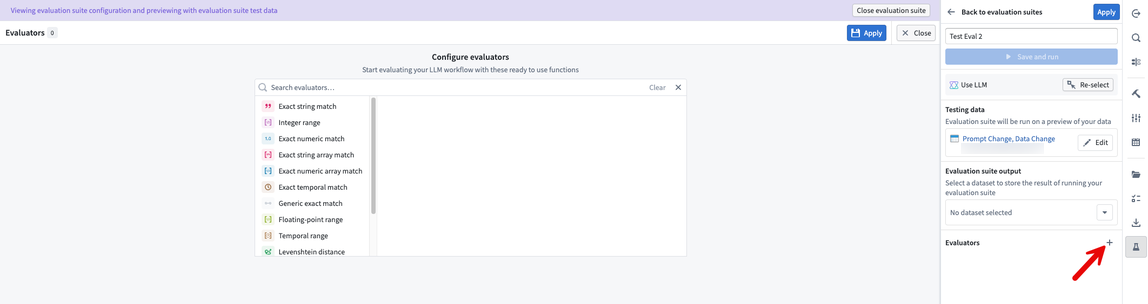 The Evaluators menu displays available evaluators, including Exact string match.