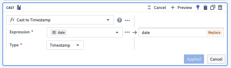 The cast transform board in Pipeline Builder, used to cast the data to a timestamp type