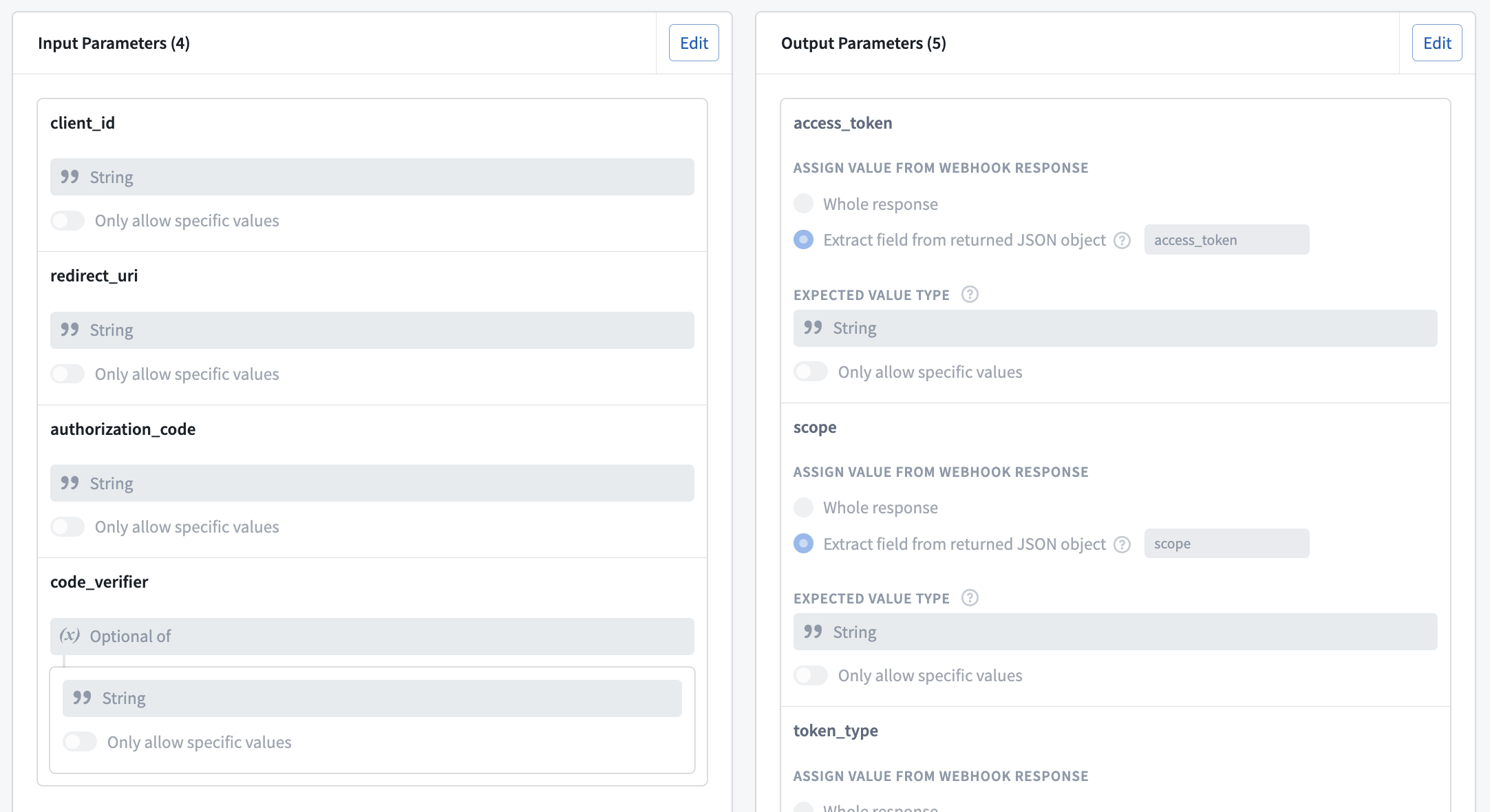 A get token webhook with four input parameters, including an optional code verifier, and output parameters extracted by their JSON response keys.
