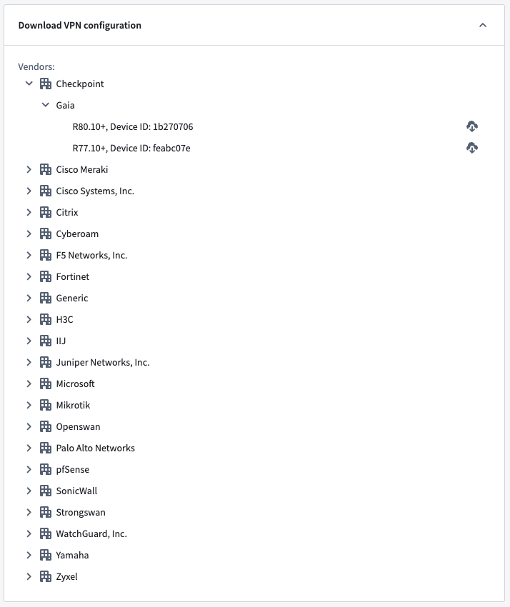 The Download VPN configuration window displays vendors and configuration for their gateway devices.