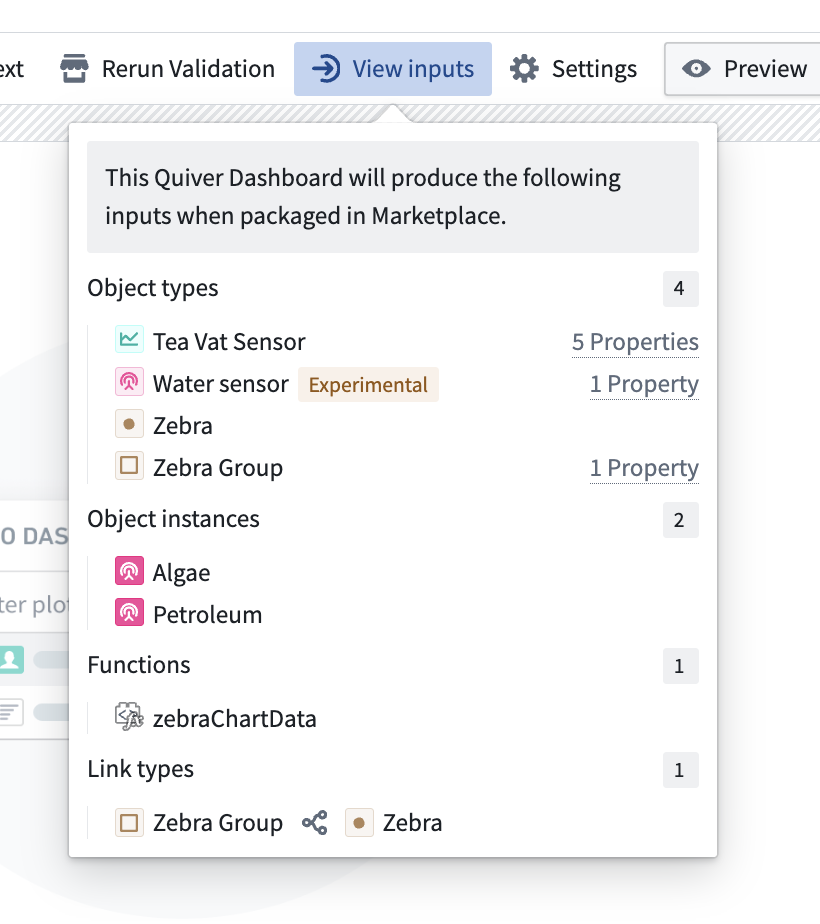 Marketplace dashboard inputs example.