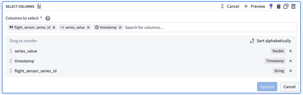 Pipeline select columns for sensor data