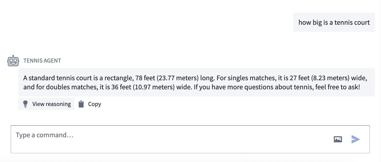 We ask a tennis-related question to the AIP chatbot to test our setup.