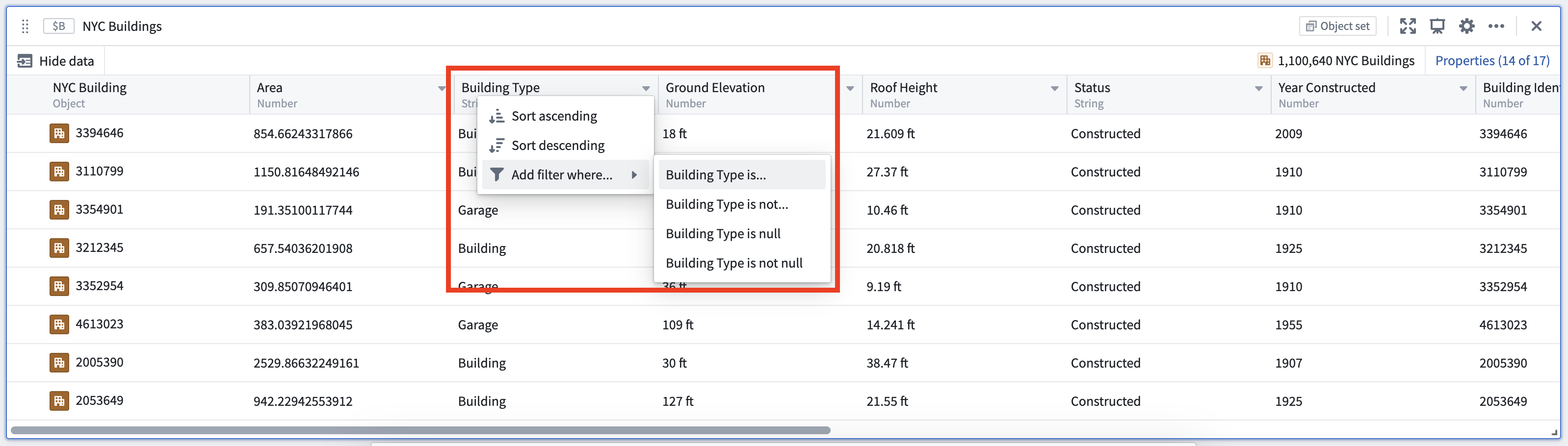 Example of filtering an object set by setting property values from the property column header.