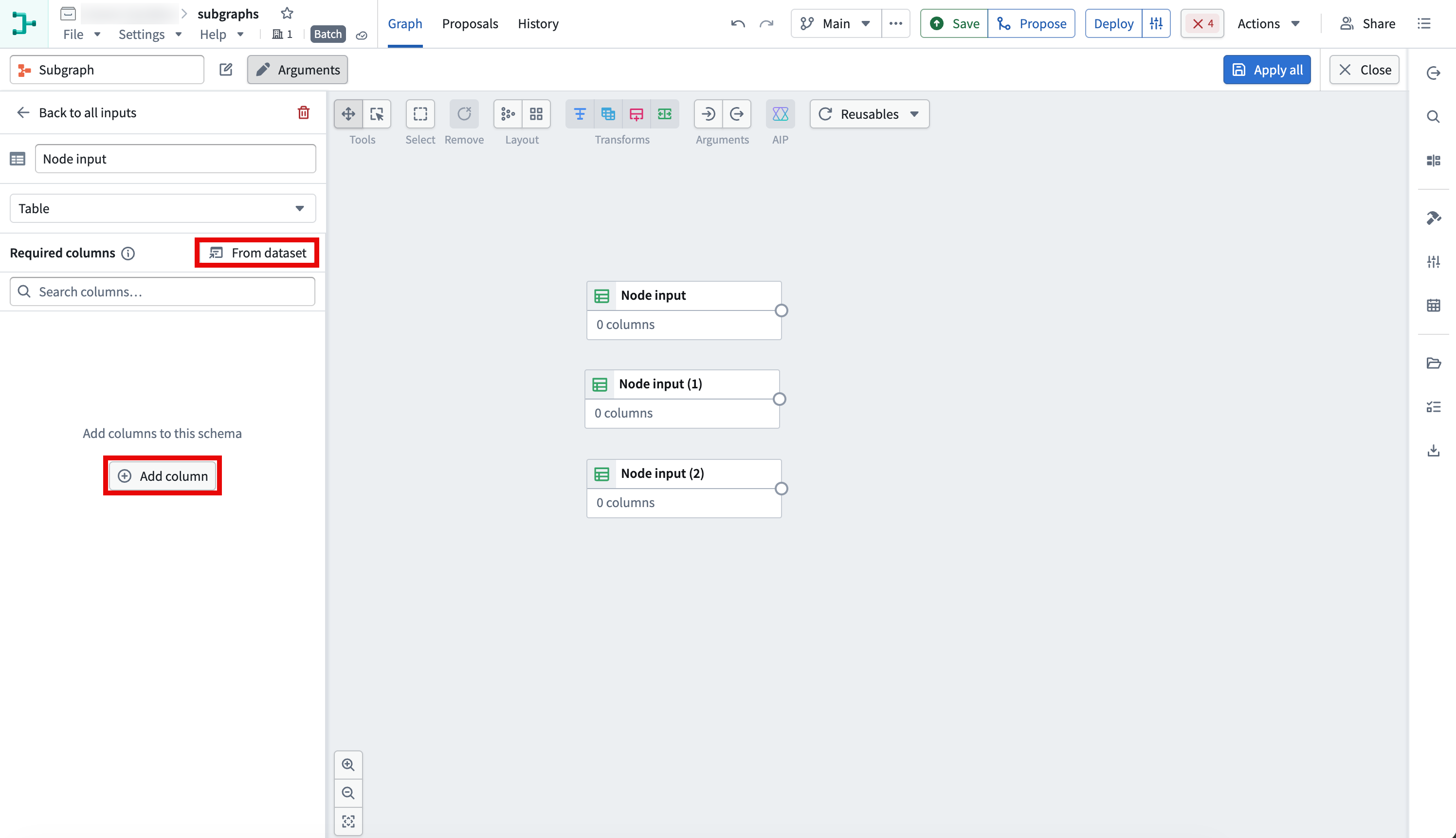 The subgraph input schema panel shows the From dataset and Add column buttons highlighted.