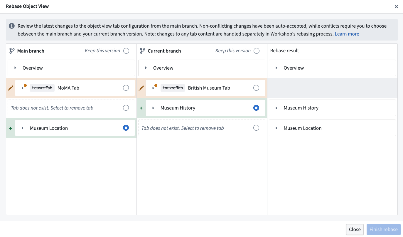 Example of object view rebase dialog.