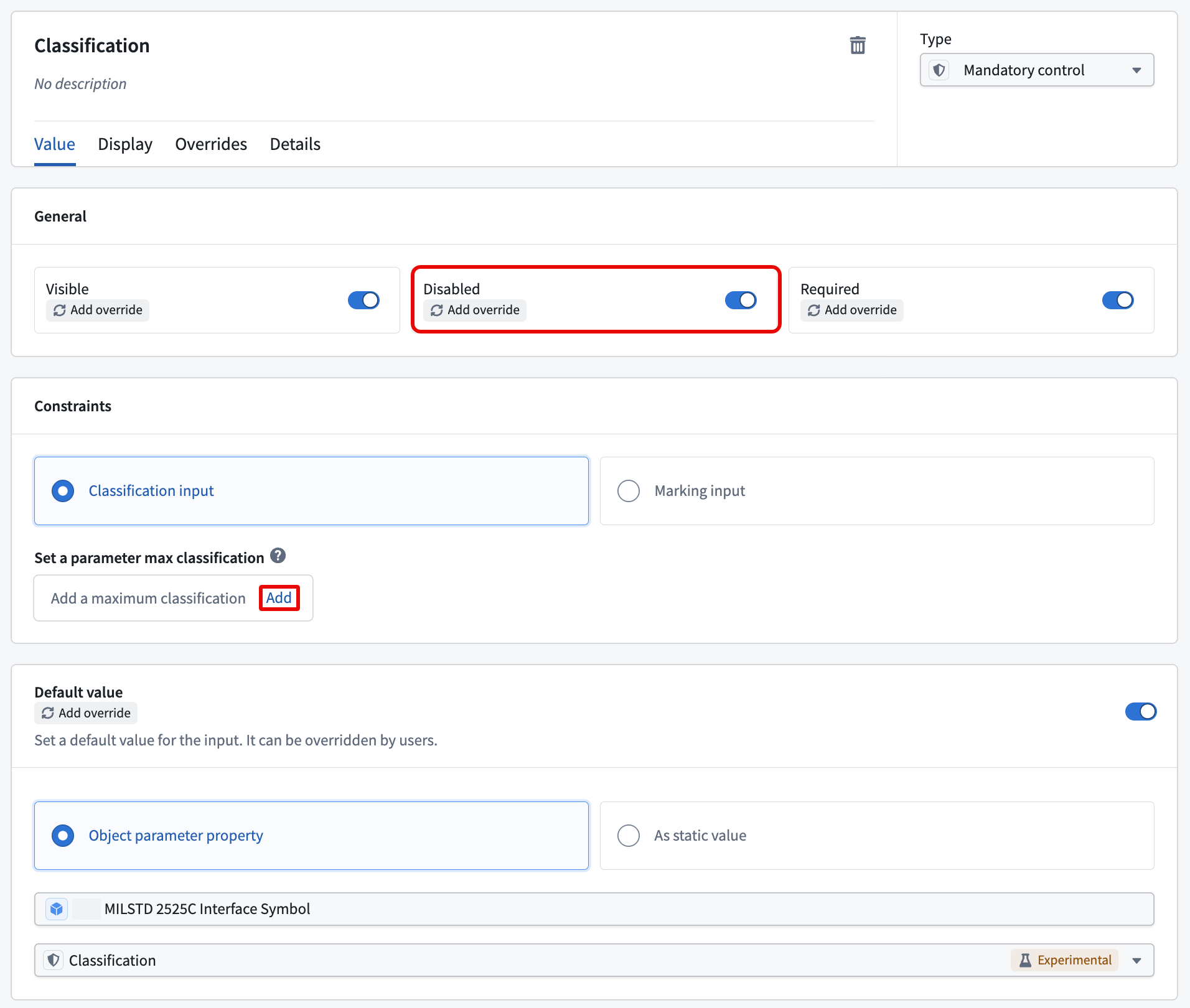 The action form's Classification parameter is displayed, where a user can validate its Type, Disable its editing, and configure its maximum classification.