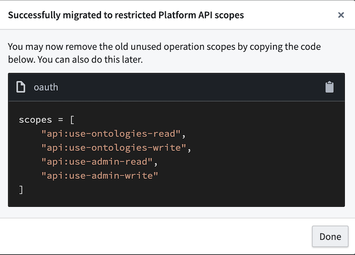 Successful migration message after updating security model.
